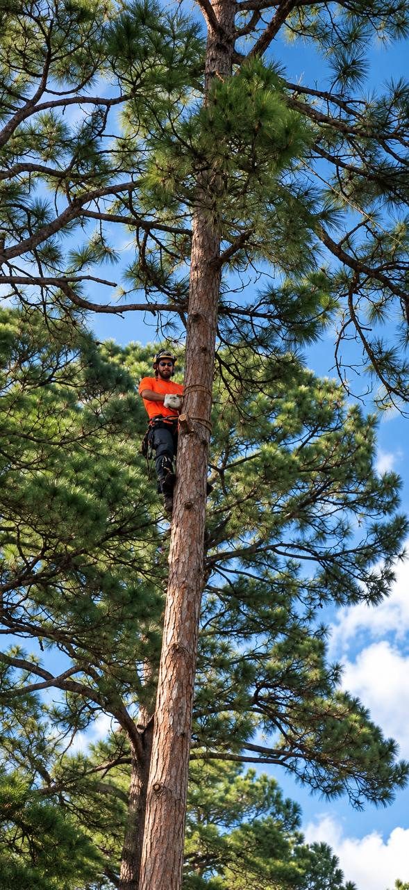 Arborist climbing a tall pine in Vero Beach FL