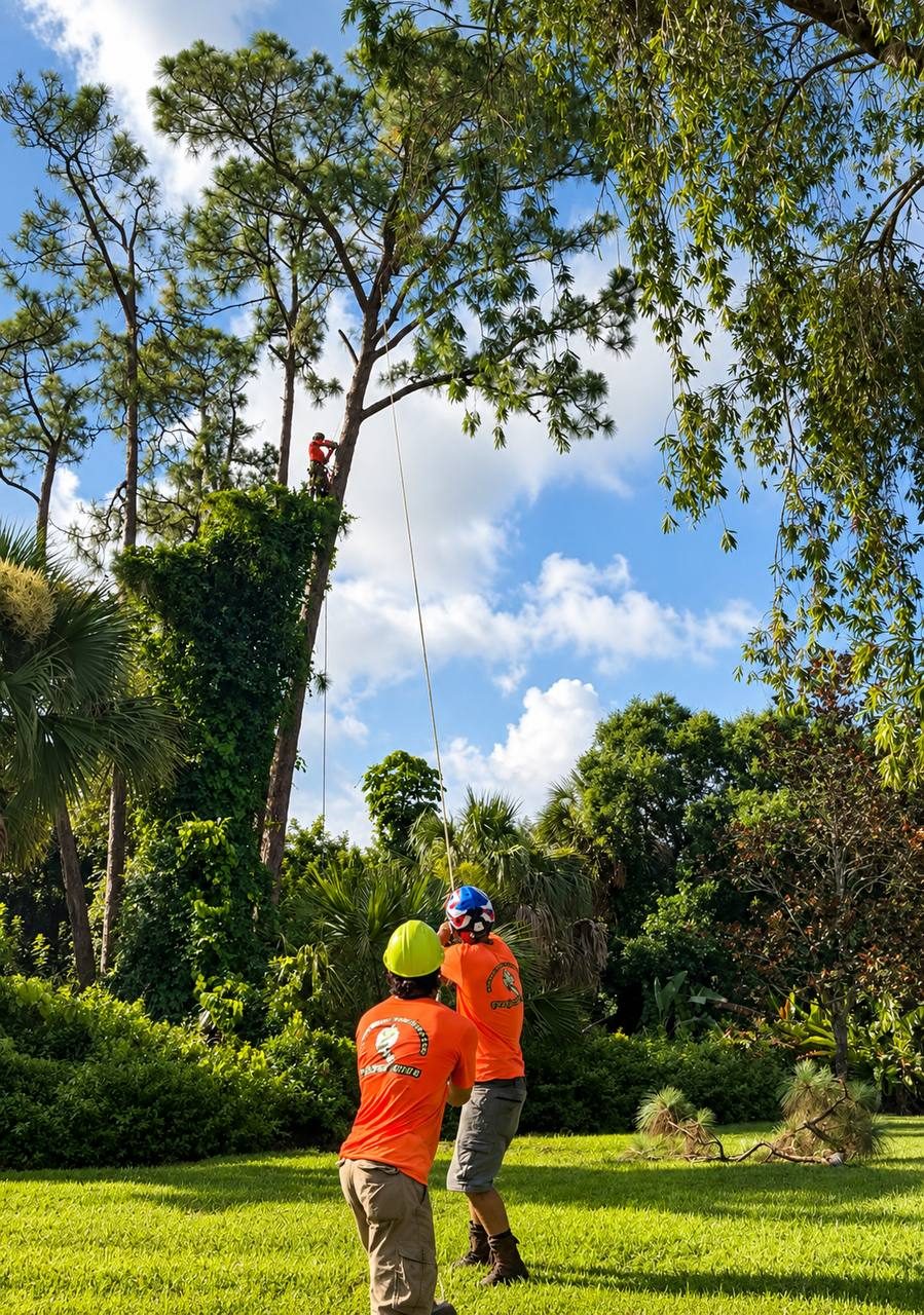 IRTS ground crew lowering ropes during pine trim