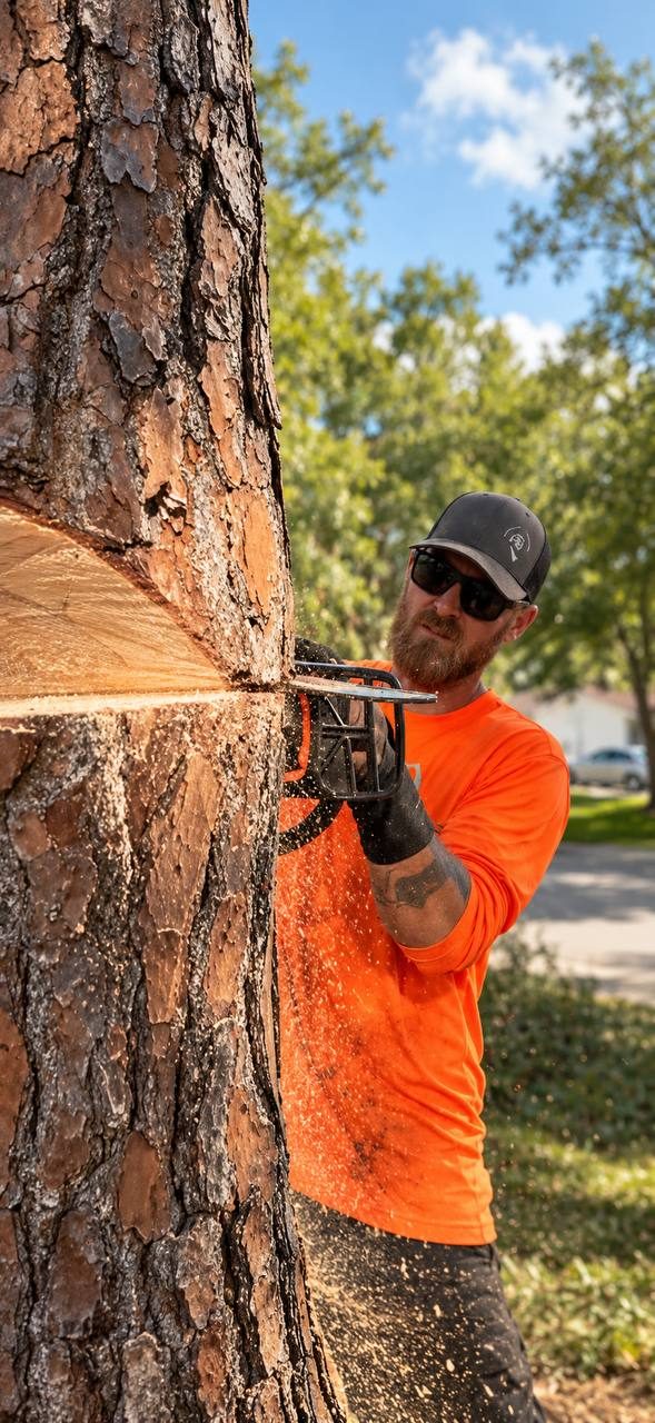 Precision notch cut on a large pine trunk